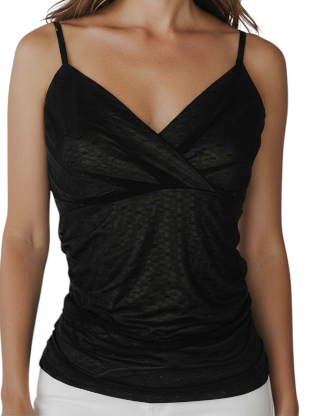 NWT WHITE HOUSE BLACK MARKET Black Mesh Overlay Adjustable Tank Cami Size Large